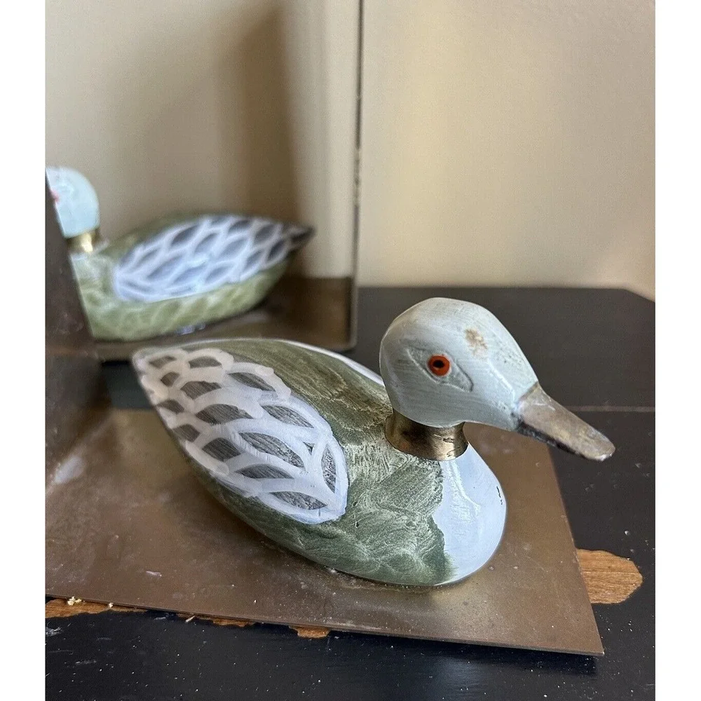 Vintage Hand Painted Enameled Brass Duck‎ Decoy Bookends